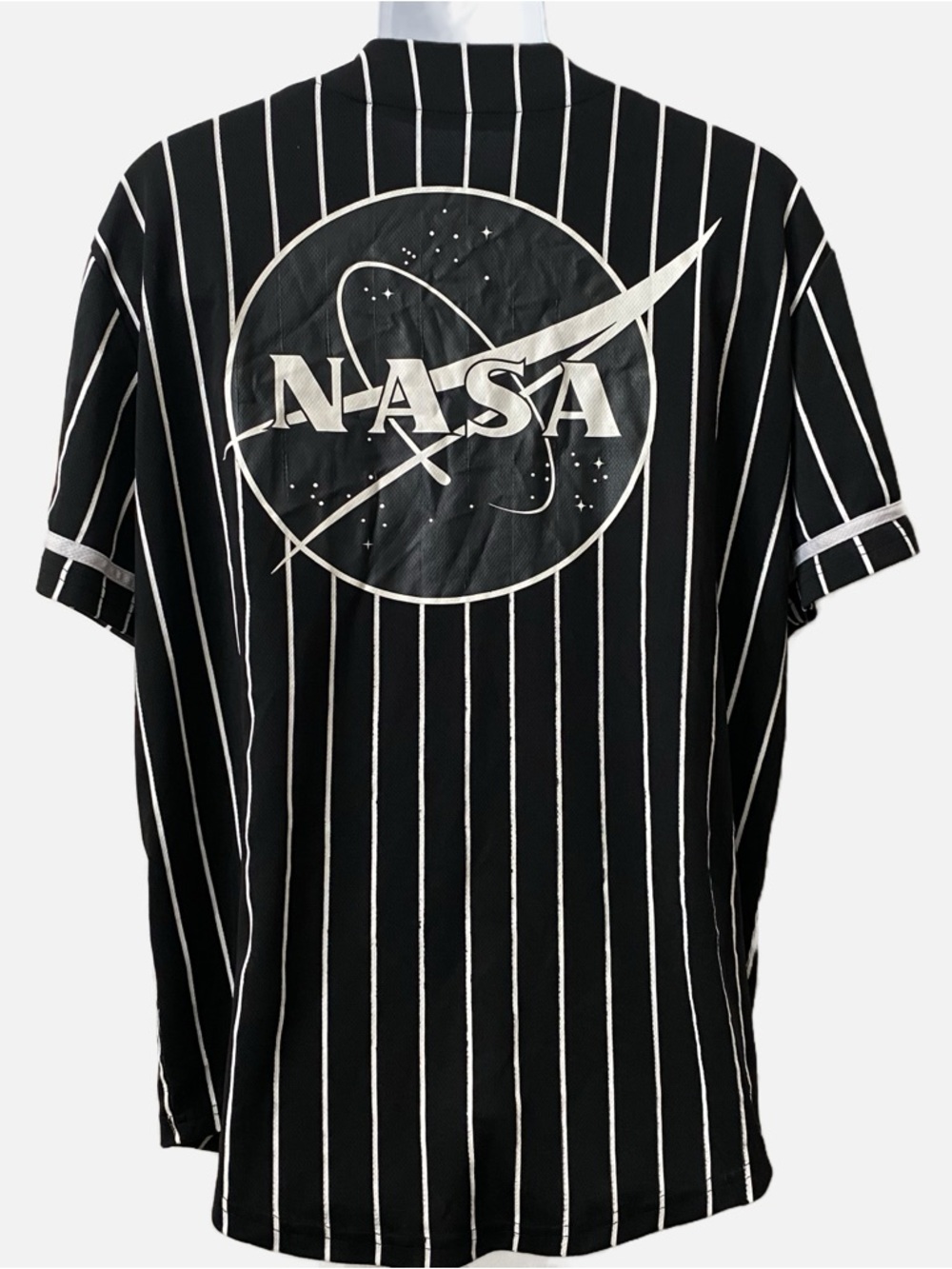 NASA Pinstripe Baseball Jersey. Neon Riot Full Button Up